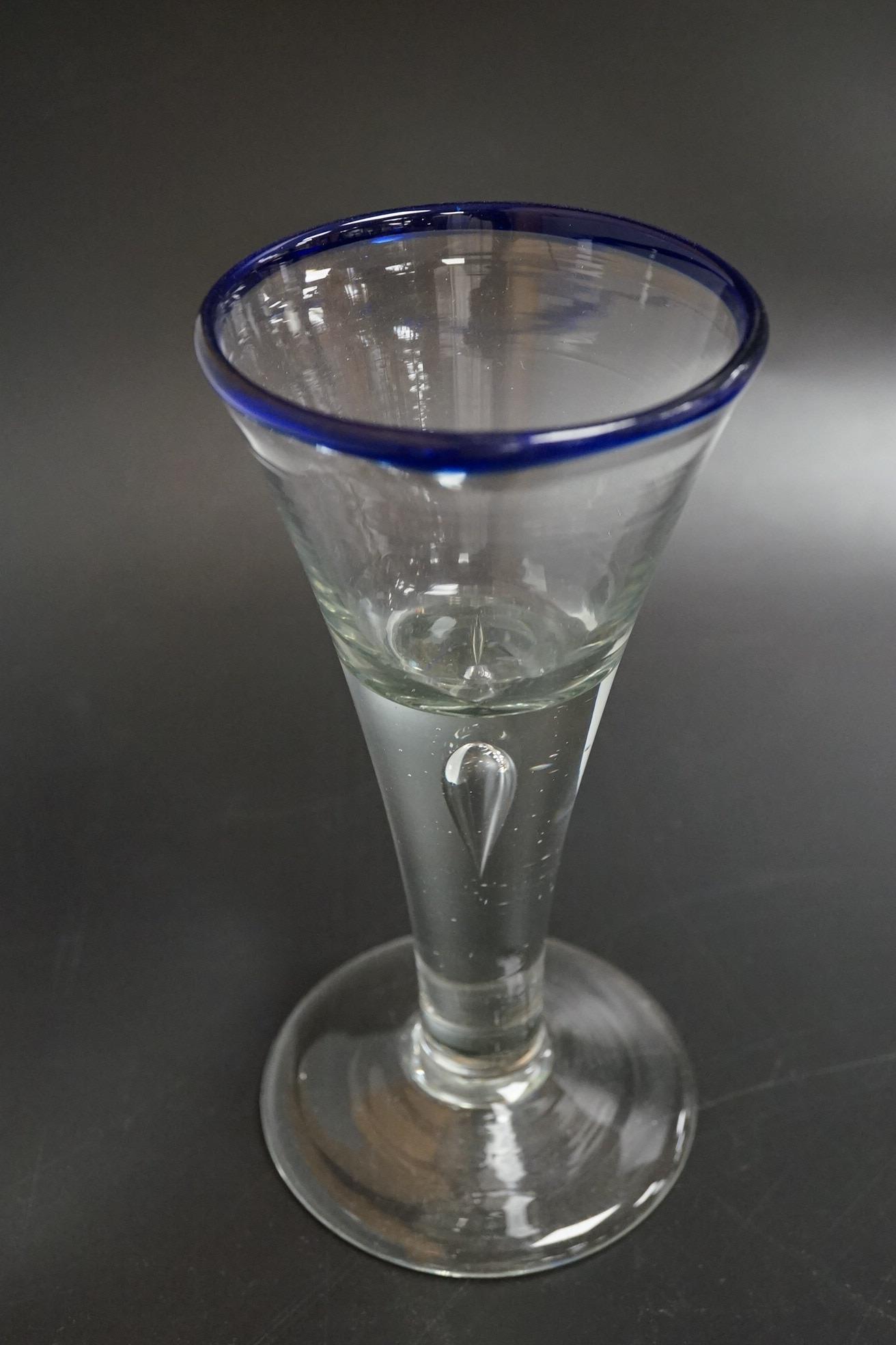 An 18th century blue rimmed wine glass, 16cm